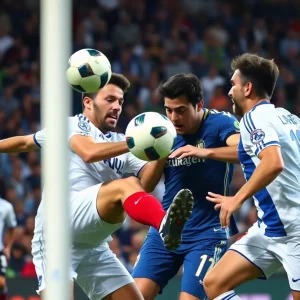 Intense soccer match between Florida Gators and Mississippi State with players competing for the ball.