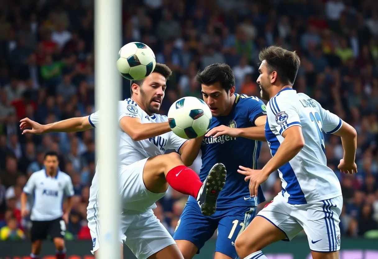 Intense soccer match between Florida Gators and Mississippi State with players competing for the ball.