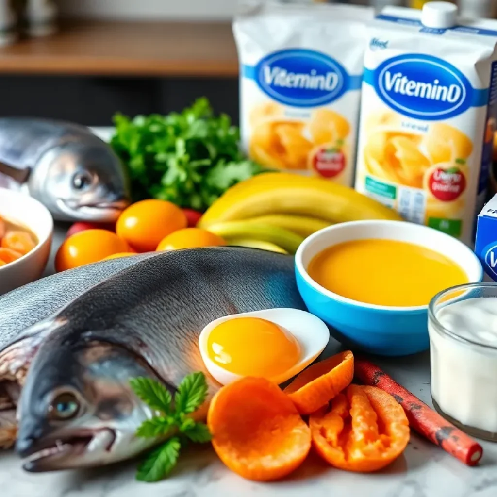 Various food sources that are rich in vitamin D including fish and egg yolks.