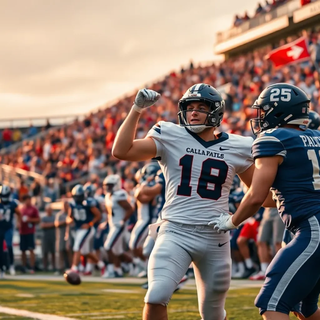 An action-packed moment from a college football game at Bryant-Denny Stadium.