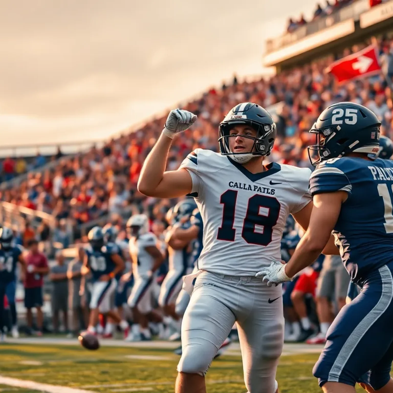 An action-packed moment from a college football game at Bryant-Denny Stadium.