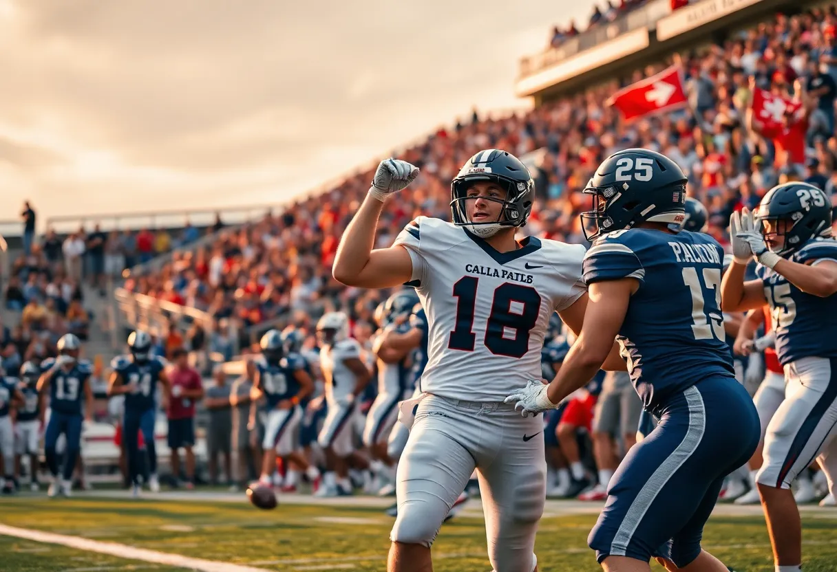 An action-packed moment from a college football game at Bryant-Denny Stadium.