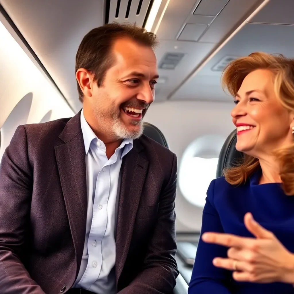 Two television personalities seated together on a flight, sharing a moment of camaraderie.