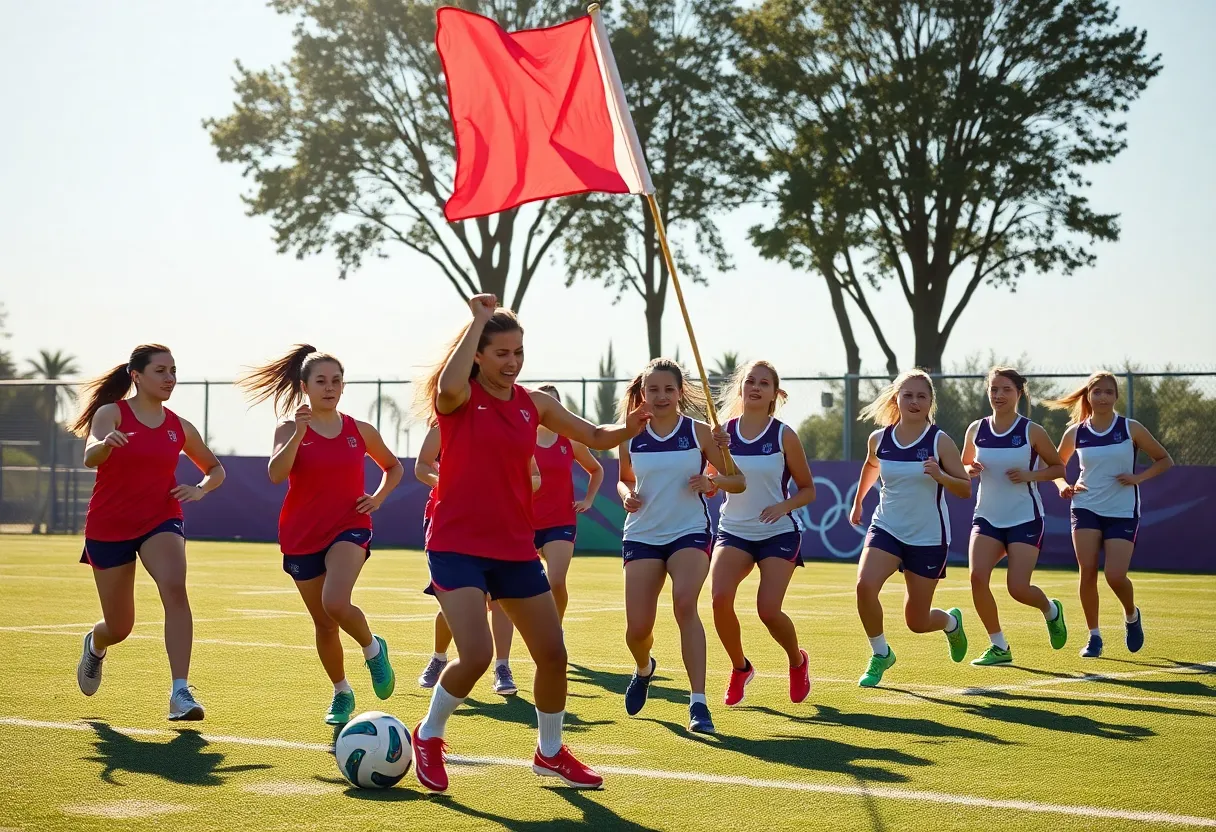 Great Britain women's flag football team practicing for the Olympics
