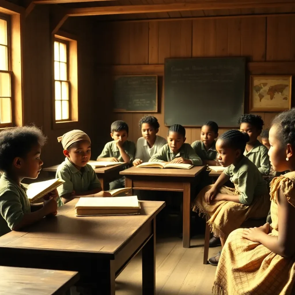 Classroom in the early 19th century with diverse students learning