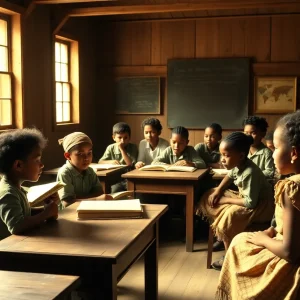 Classroom in the early 19th century with diverse students learning