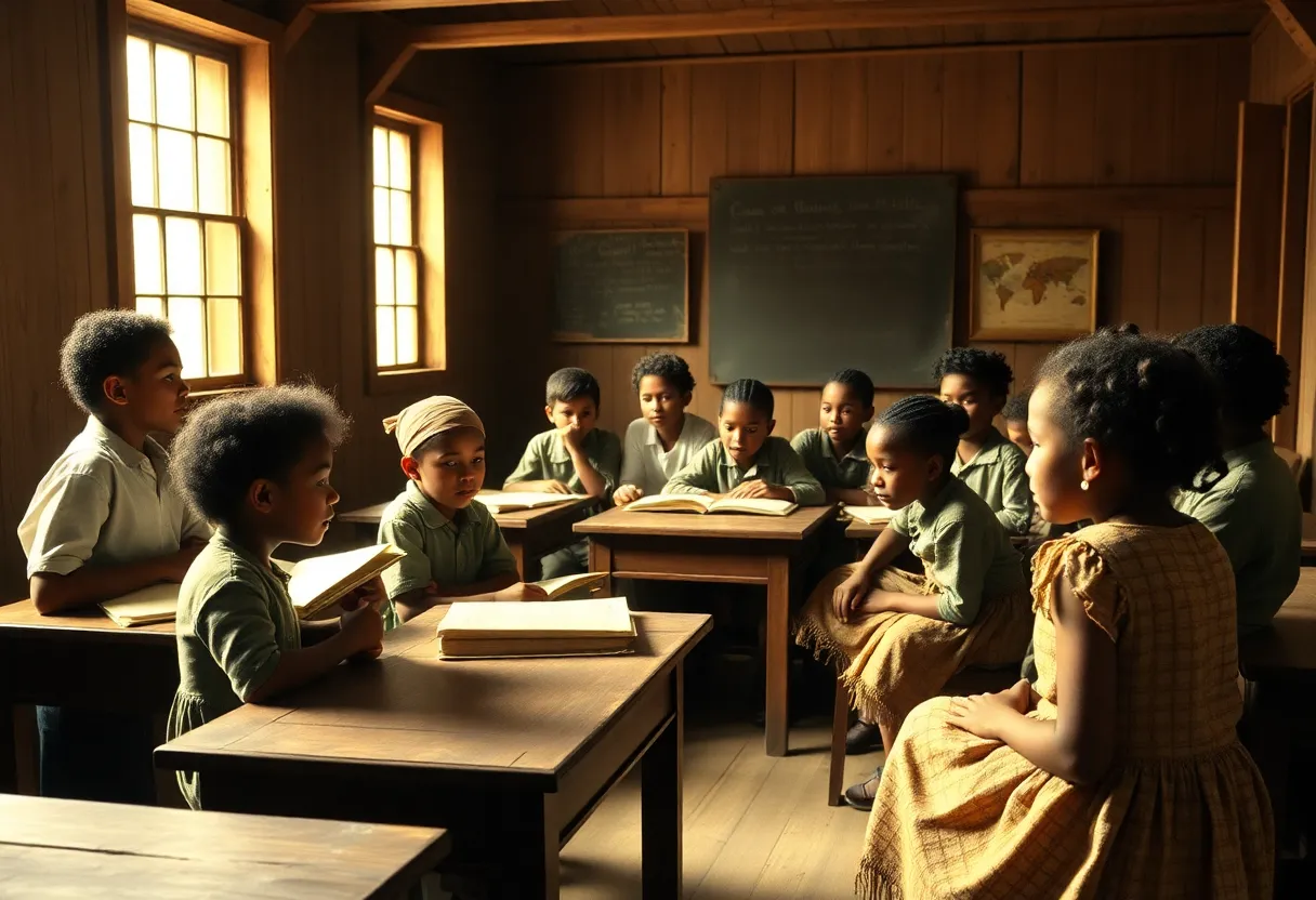 Classroom in the early 19th century with diverse students learning