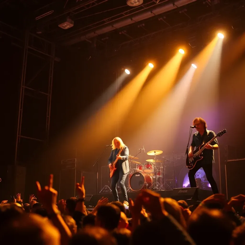 Journey band performing live on stage with fans celebrating