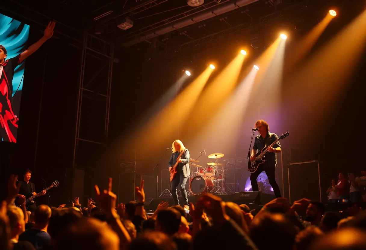 Journey band performing live on stage with fans celebrating