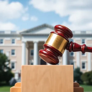 Abstract representation of a gavel and university campus