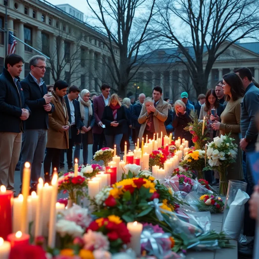 Memorial site with candles and flowers honoring Charlie Kirk