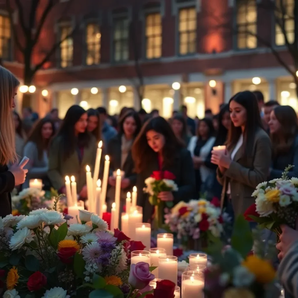 Students gathered at a vigil for Charlie Kirk, honoring his legacy with candles and flowers.