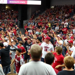 Mississippi State athletics event with fans cheering on various sports teams.