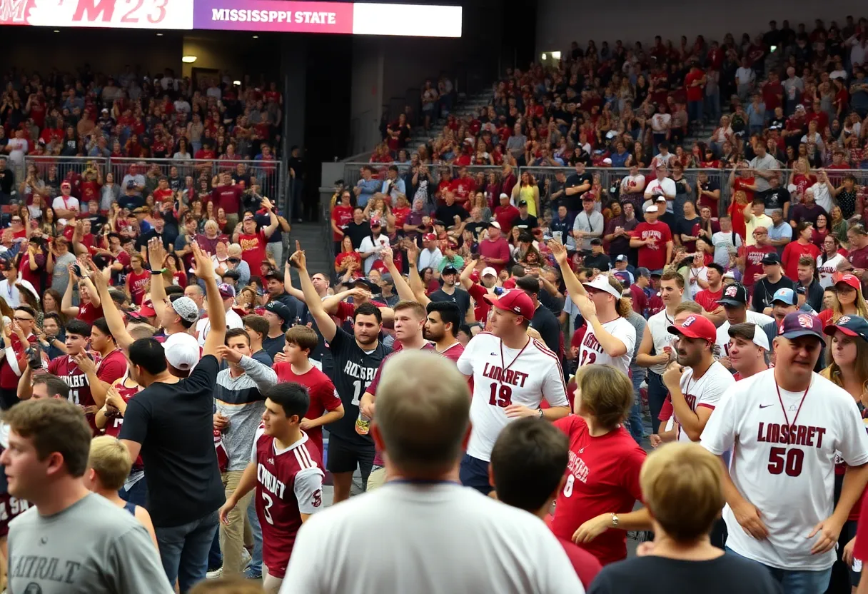 Mississippi State athletics event with fans cheering on various sports teams.