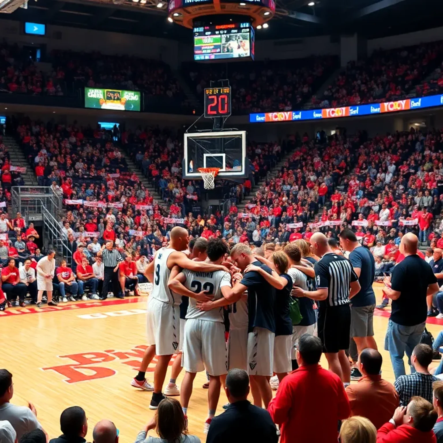 Basketball team huddled in a lively arena