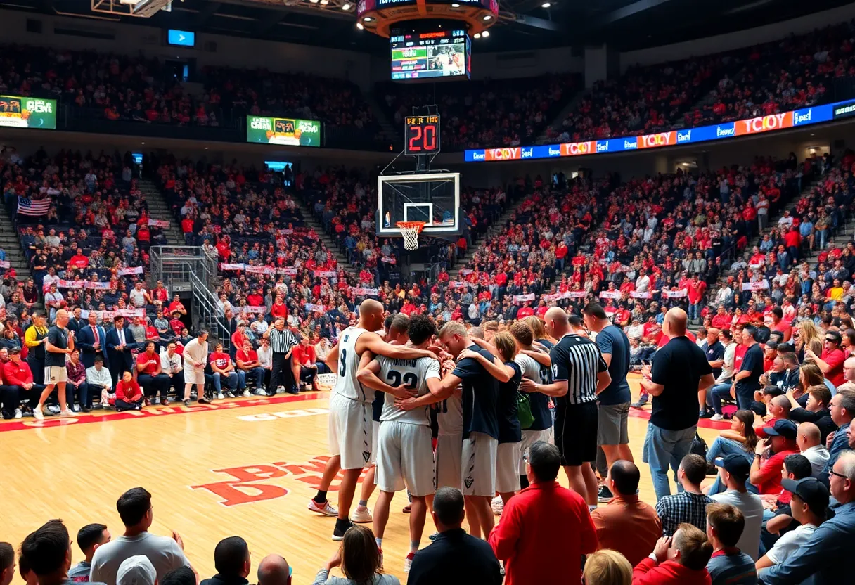 Basketball team huddled in a lively arena