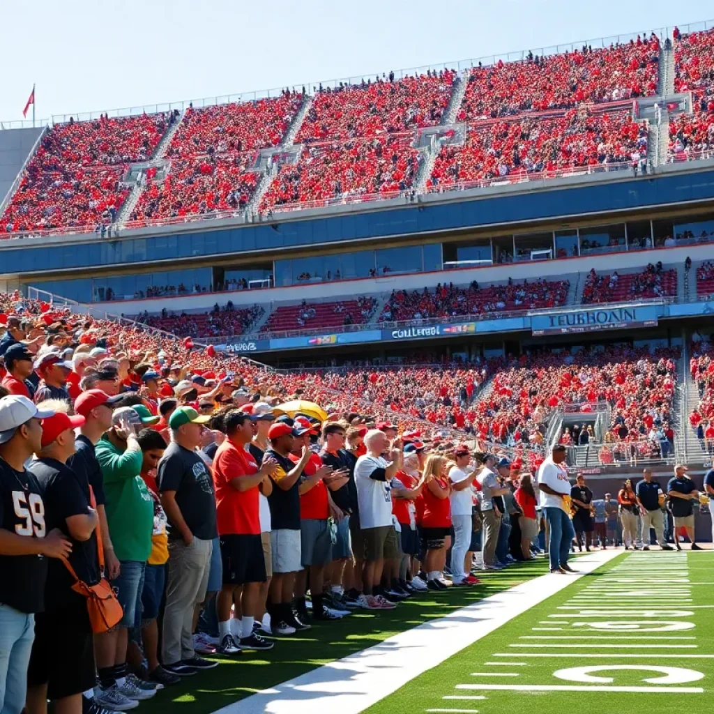 Excited Mississippi State football fans cheering at the stadium