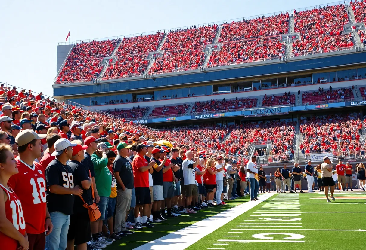 Excited Mississippi State football fans cheering at the stadium