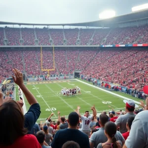 Crowd cheering at a Mississippi State football game