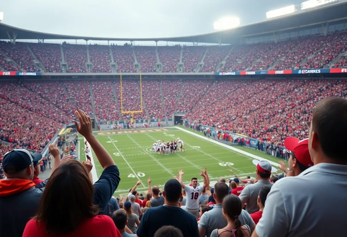 Crowd cheering at a Mississippi State football game