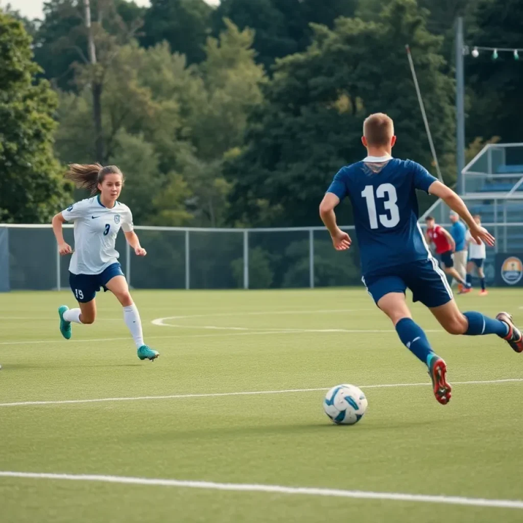 Players from the Mississippi State soccer team competing in a match.