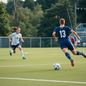 Players from the Mississippi State soccer team competing in a match.