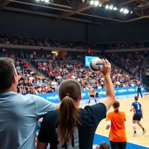 Mississippi State volleyball players in action during a match at Newell-Grissom Arena.