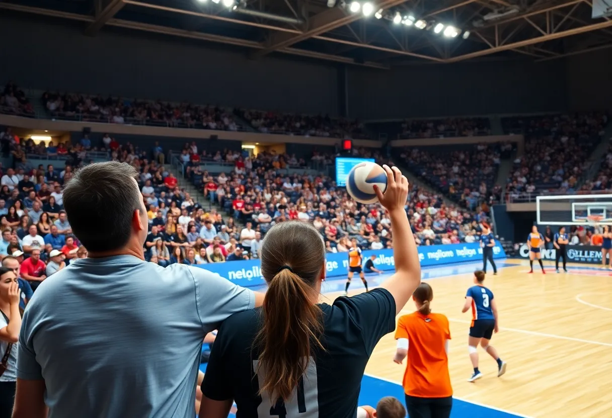 Mississippi State volleyball players in action during a match at Newell-Grissom Arena.
