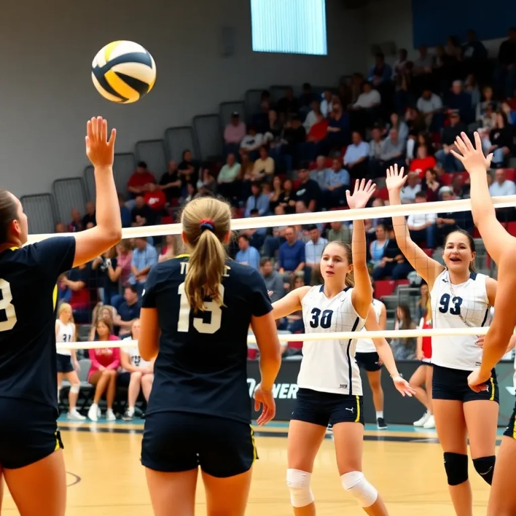 Mississippi State Volleyball players in action during a match