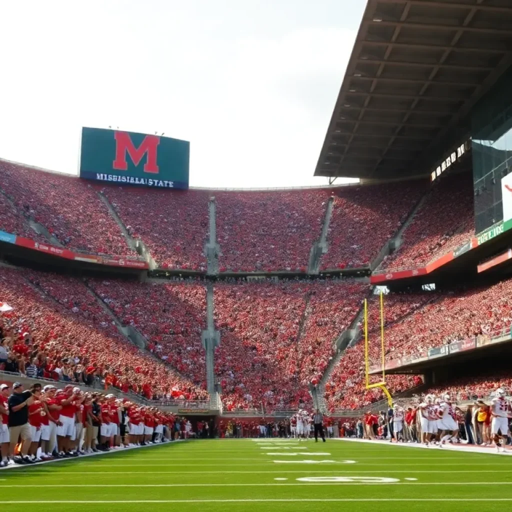 Fans cheering in Davis Wade Stadium during the Mississippi State vs Texas Longhorns game