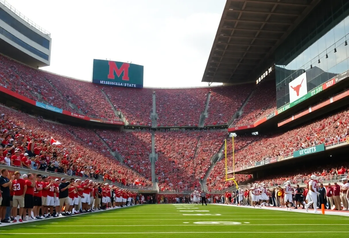 Fans cheering in Davis Wade Stadium during the Mississippi State vs Texas Longhorns game