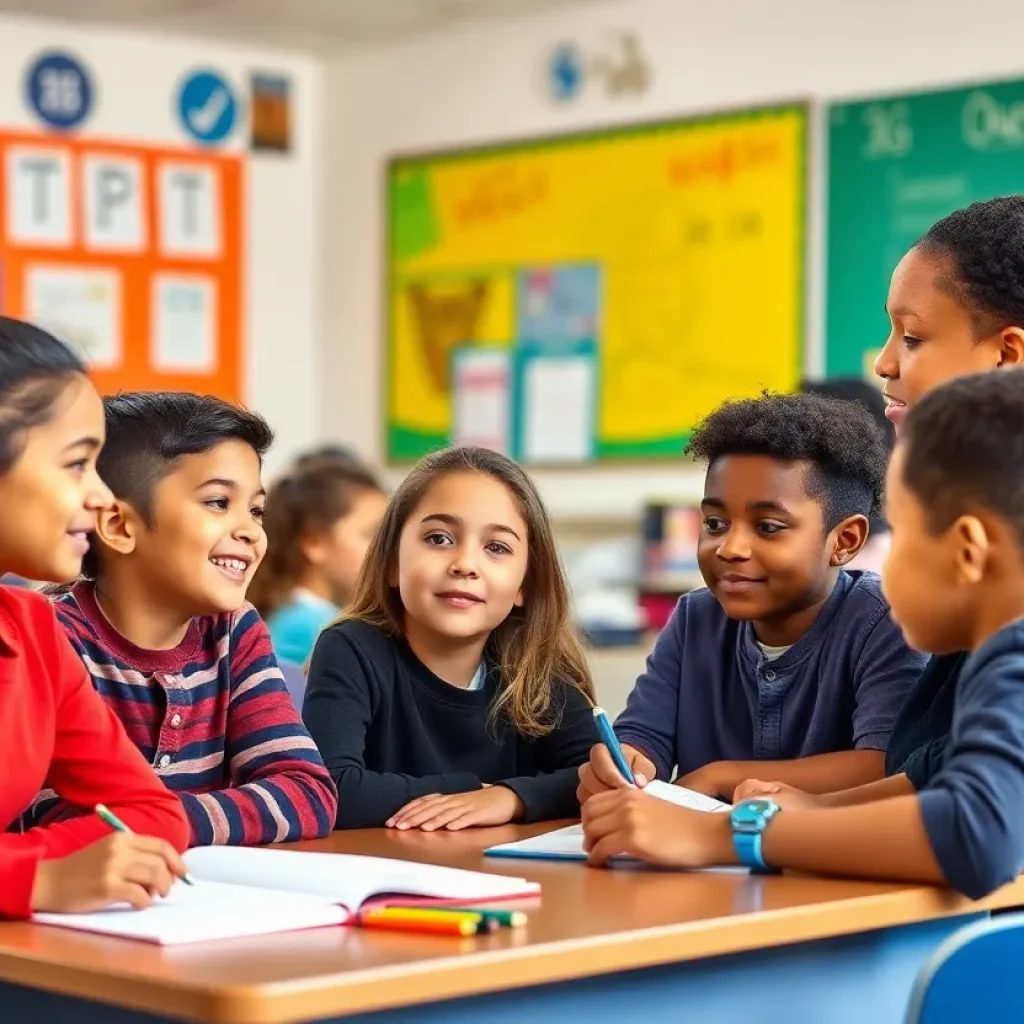A teacher interacting with students in a classroom