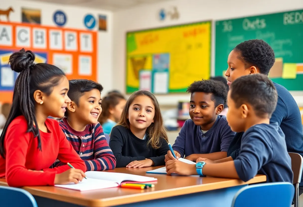 A teacher interacting with students in a classroom