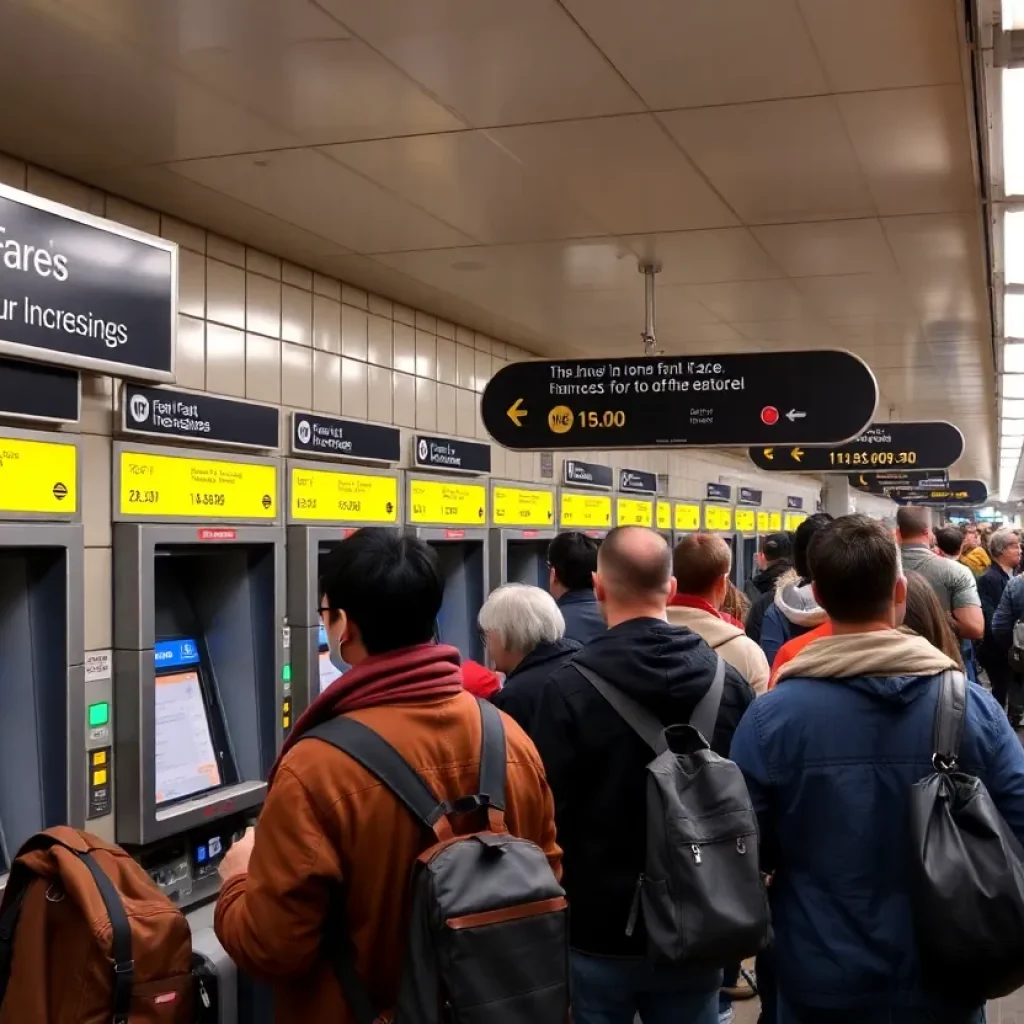 Crowded subway station with fare increase signs