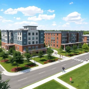 Rendering of Oktibbeha County's $45 million development project including a hotel and student housing.