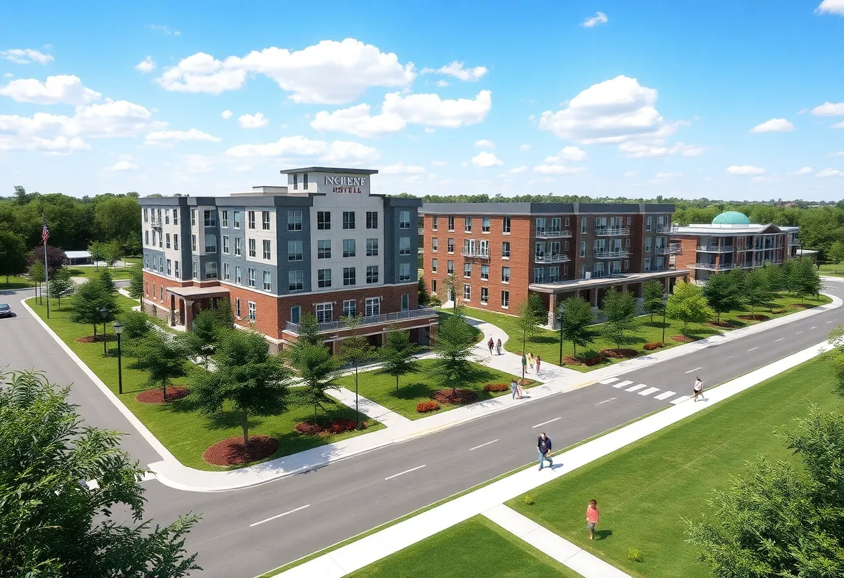 Rendering of Oktibbeha County's $45 million development project including a hotel and student housing.