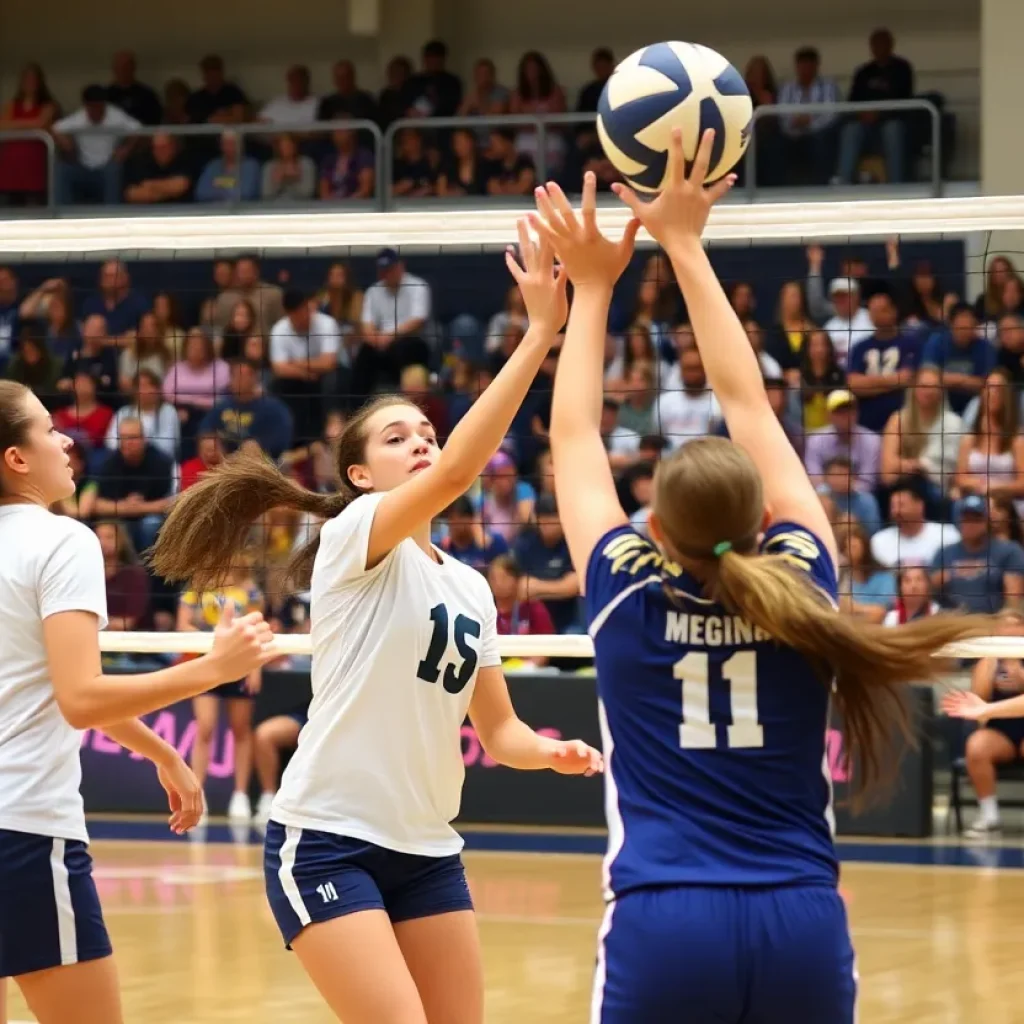 Action shot of a volleyball match between Ole Miss and Mississippi State.