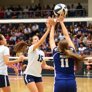 Action shot of a volleyball match between Ole Miss and Mississippi State.
