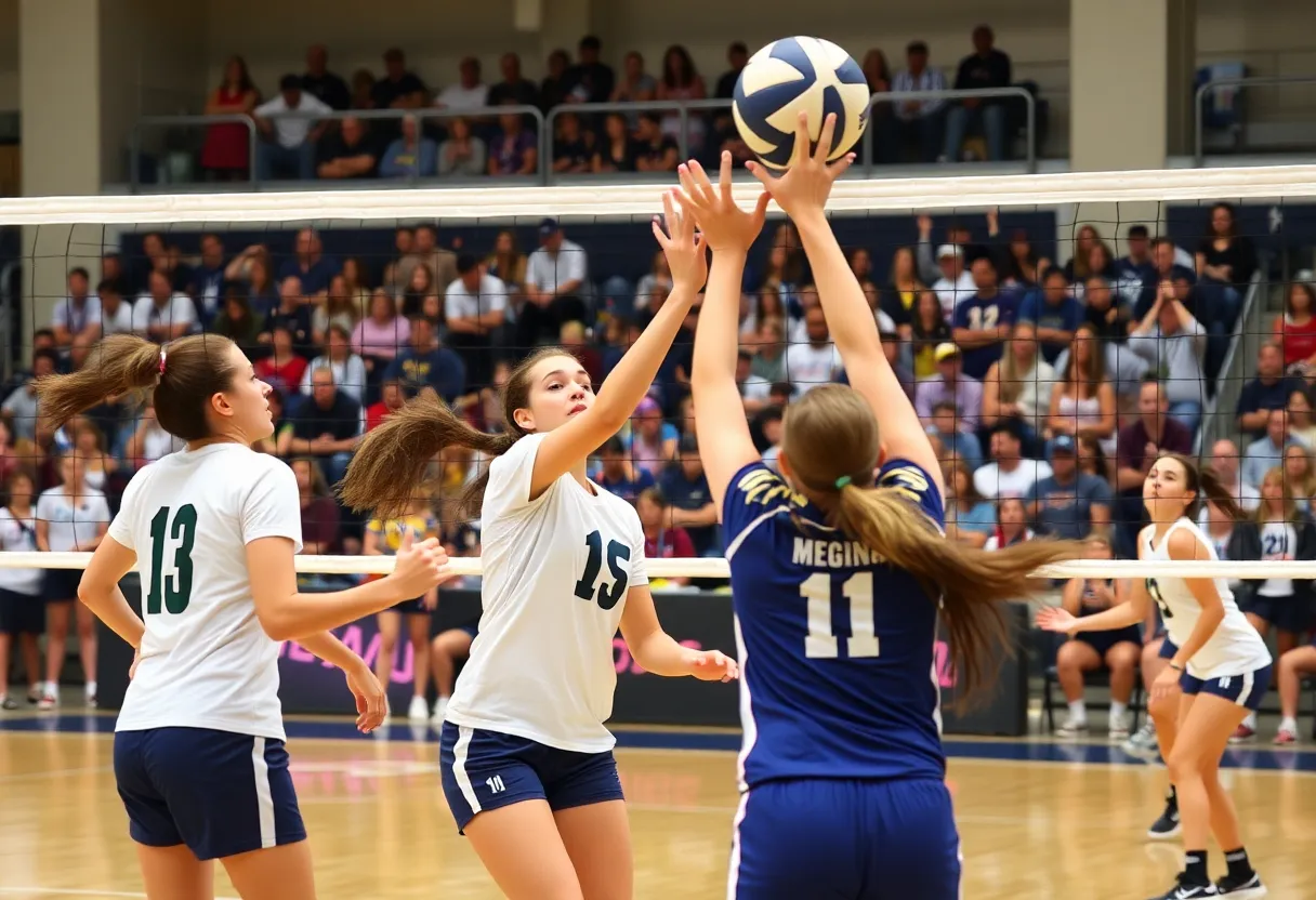 Action shot of a volleyball match between Ole Miss and Mississippi State.