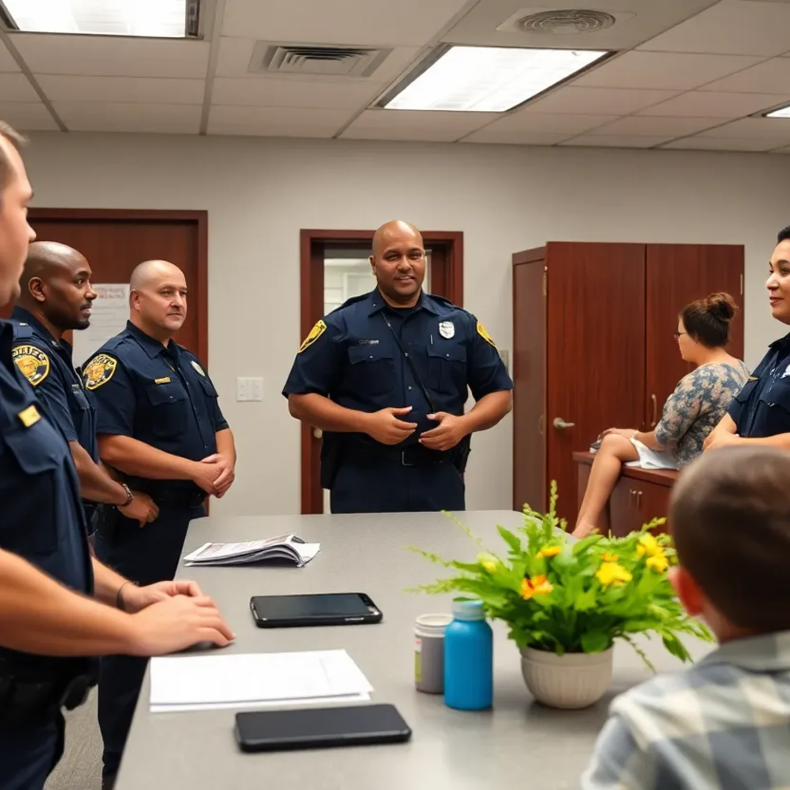 Police officers at a station in Starkville focusing on community safety.