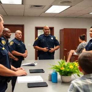 Police officers at a station in Starkville focusing on community safety.