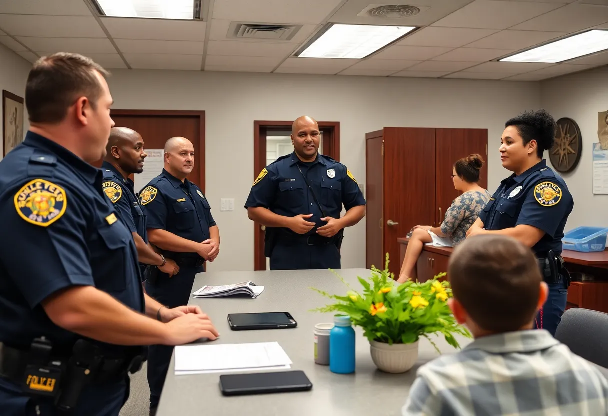 Police officers at a station in Starkville focusing on community safety.