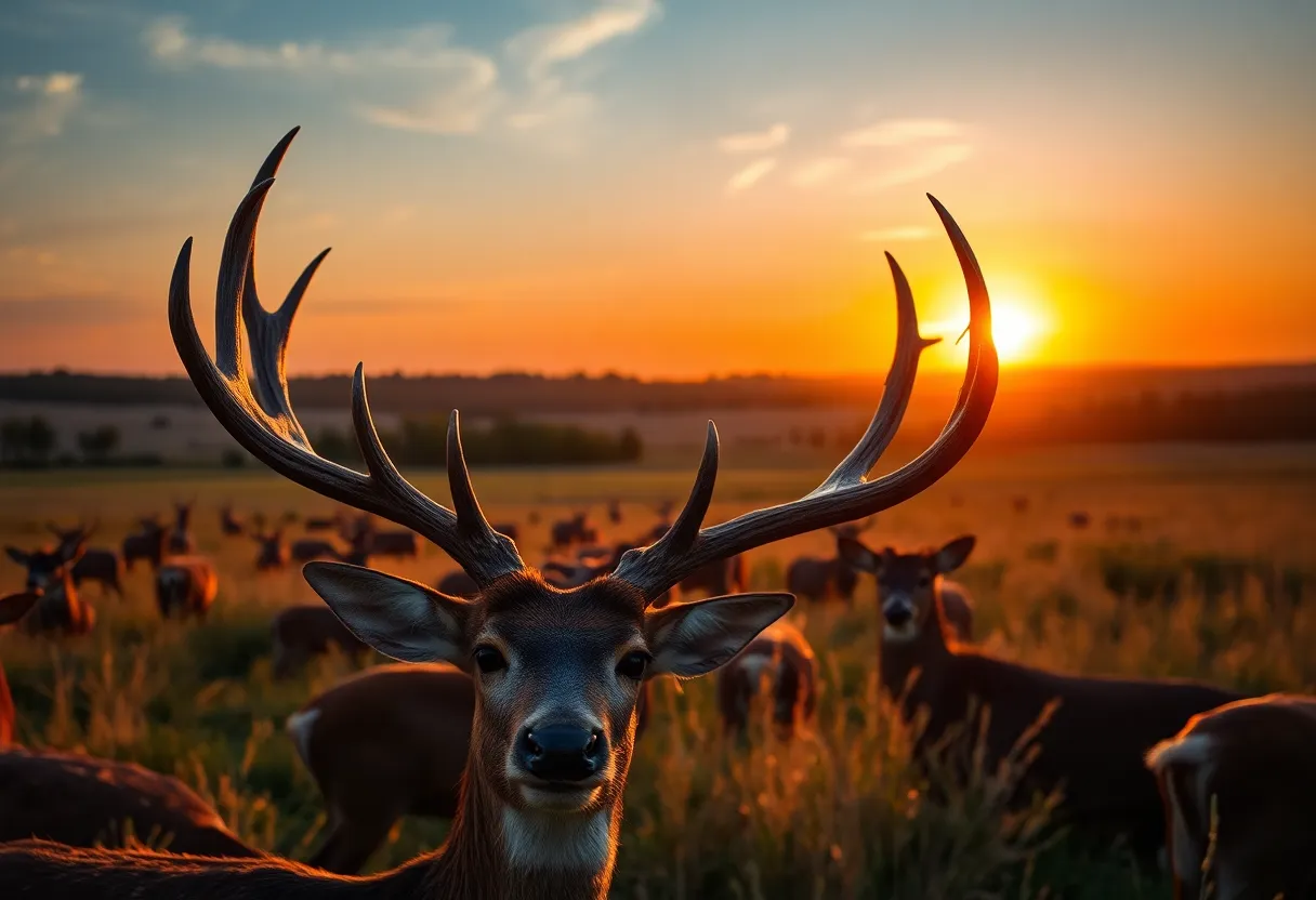 A majestic 175-inch buck with velvet antlers in a scenic landscape