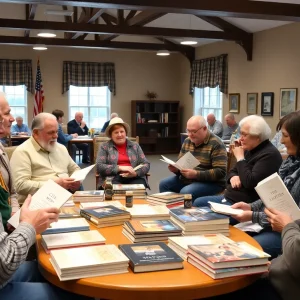 Attendees engaged in a discussion about the Sherman Memoirs at a community center.