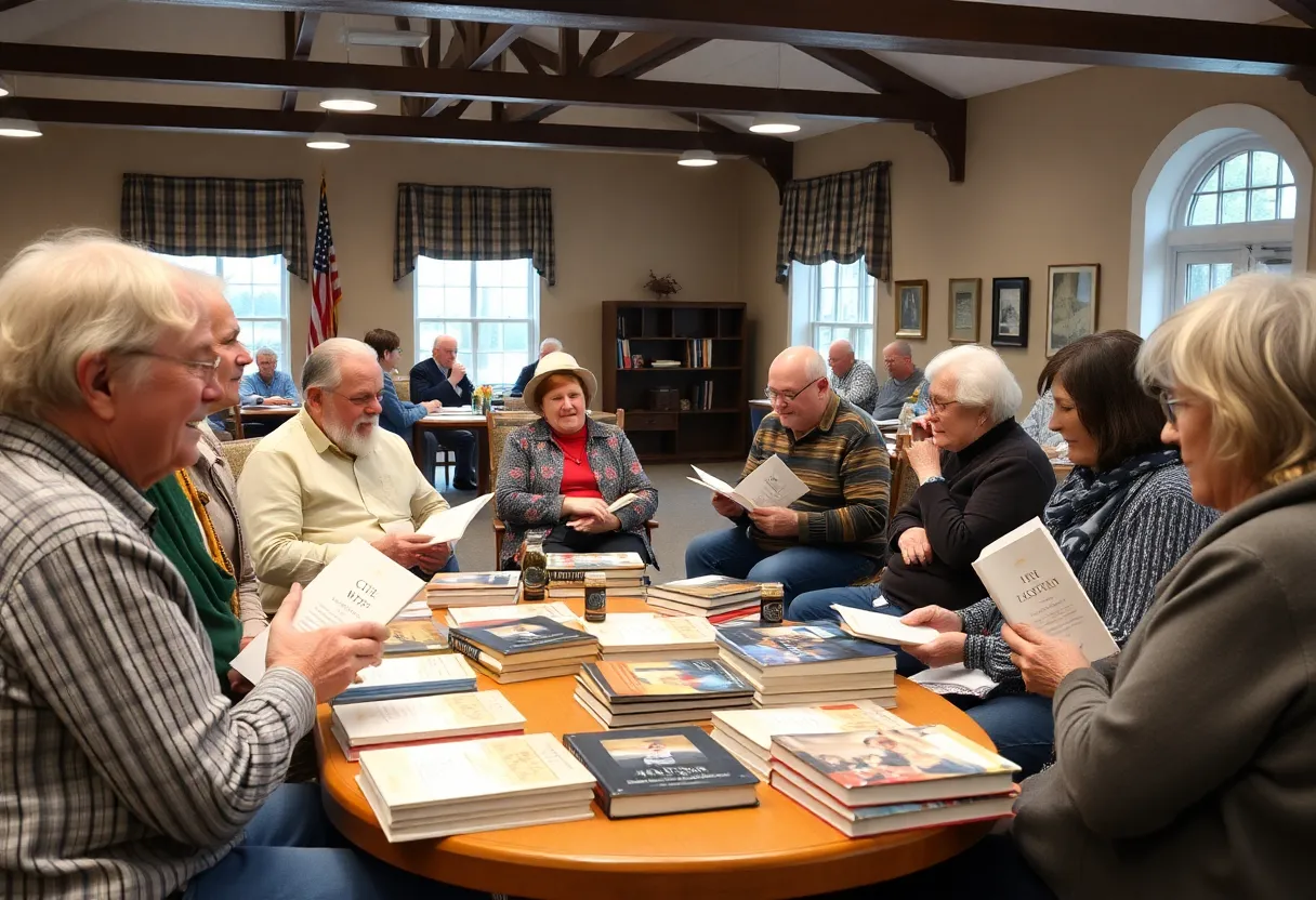 Attendees engaged in a discussion about the Sherman Memoirs at a community center.