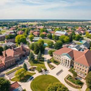 Aerial view of Starkville showcasing college town features
