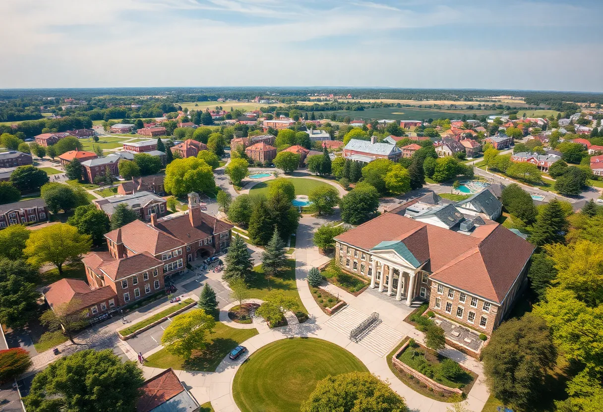 Aerial view of Starkville showcasing college town features