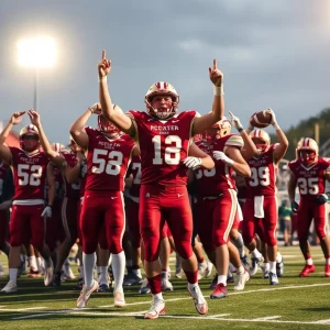Starkville football team celebrating their victory on the field.