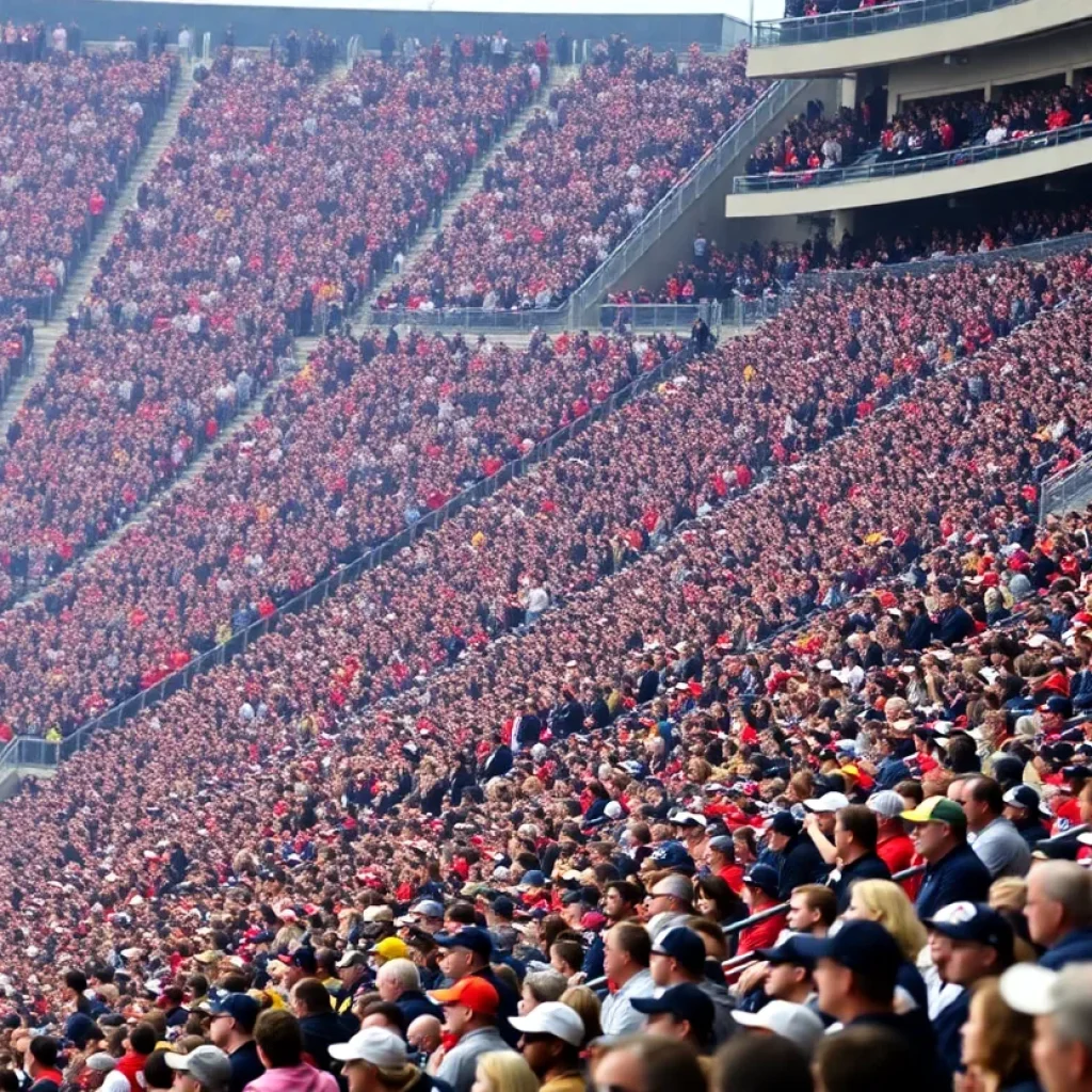 Fans cheering in a packed stadium during SEC football game.