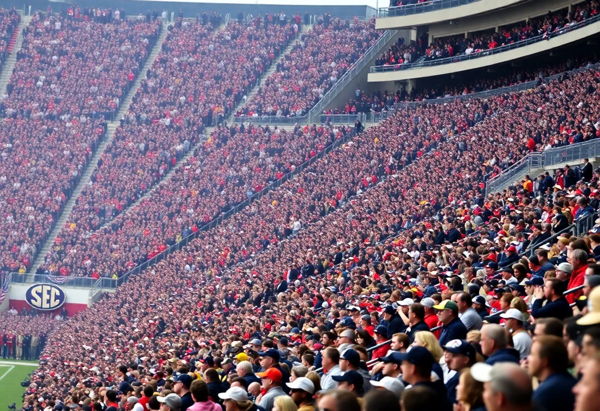 Fans cheering in a packed stadium during SEC football game.